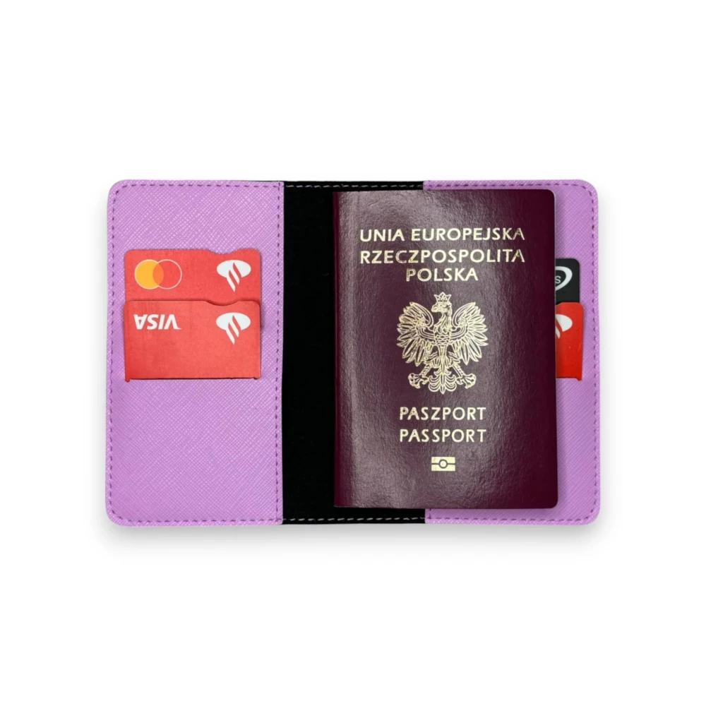 etui okładka pokrowiec na paszport personalizowany prezent dla podróżnika dowód karta kredytowa liliowe.webp