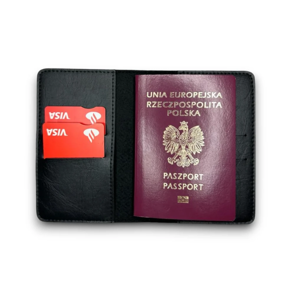 Etui pokrowiec na paszport karty kredytowe bilety dokumenty gładka czerń.webp