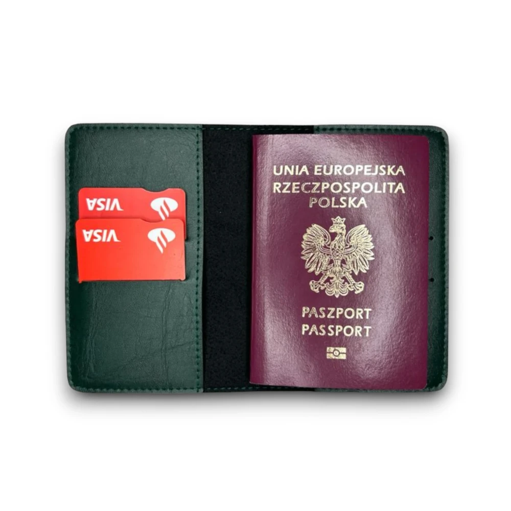 Etui na paszport pokrowiec okładka wyjątkowy prezent dla podróżnika butelkowa zieleń (2).webp