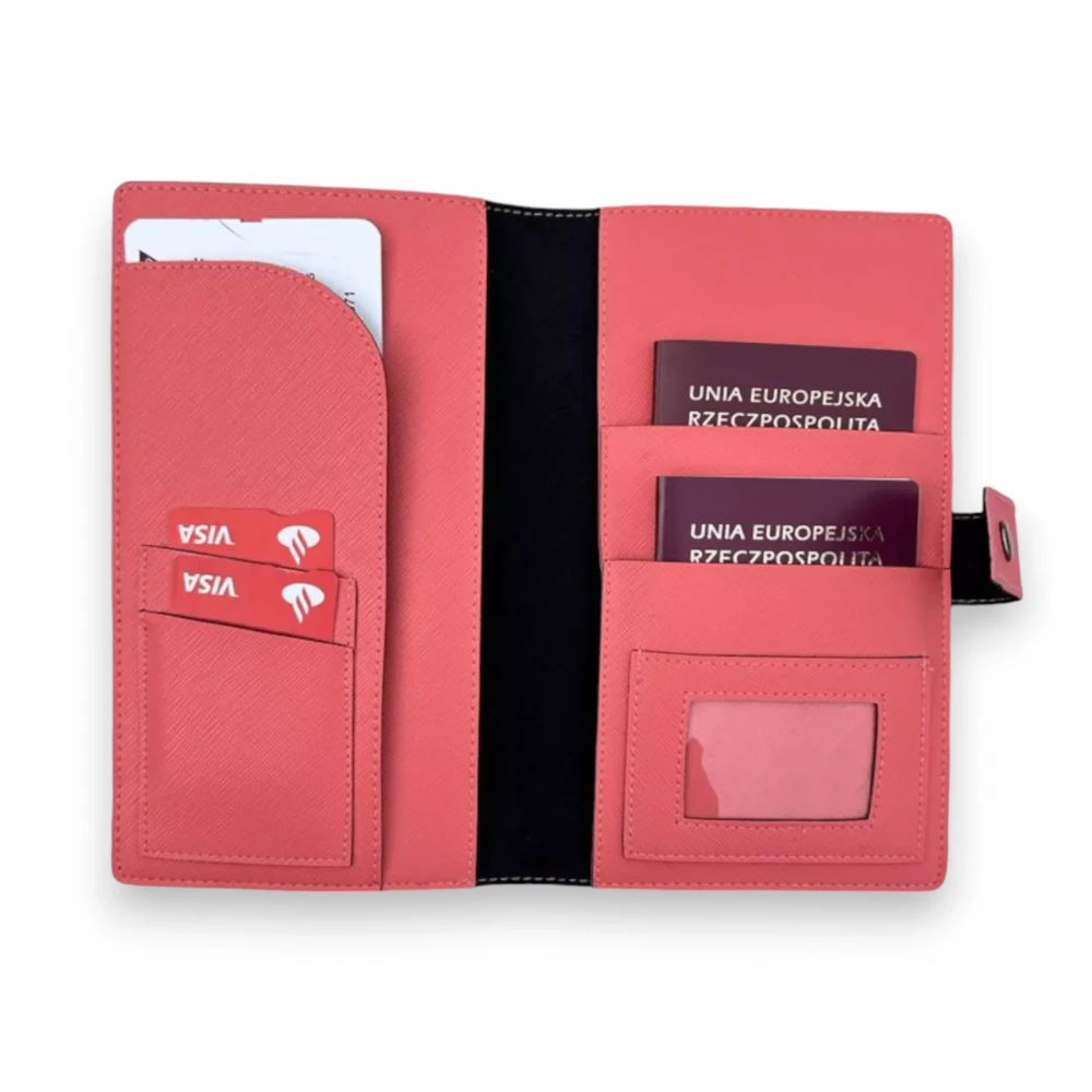 personalizowane etui na paszport dla par  łososiowe pokrowiec na dwa paszporty bilety lotnicze i karty kredytowe (3).webp