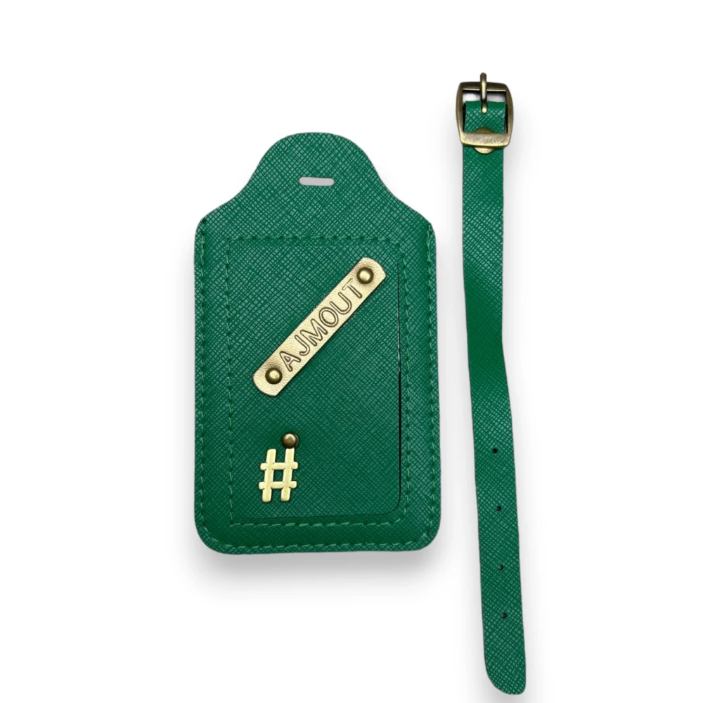 napis na rzemyku ; zawieszka do bagażu - ciemna zieleń.webp